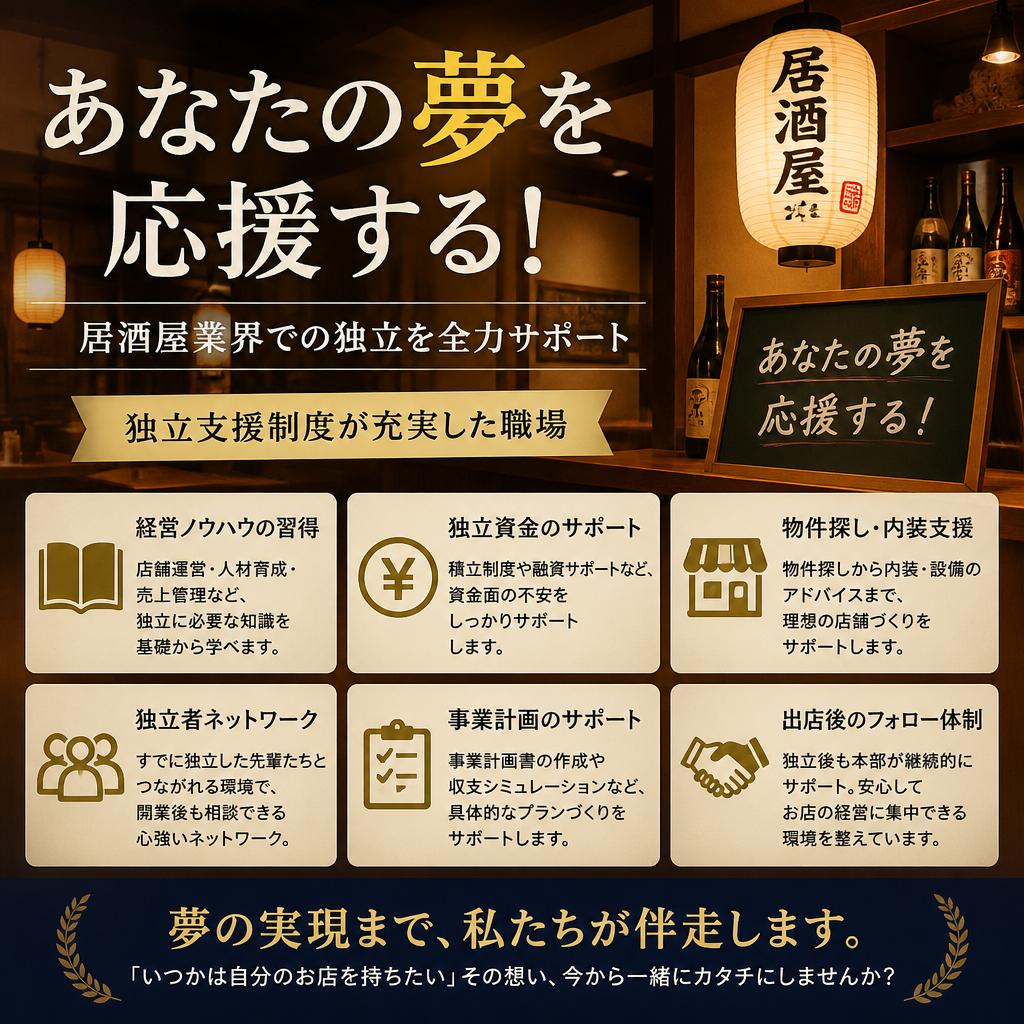 あなたの夢を応援する！居酒屋業界での独立支援制度が充実した職場